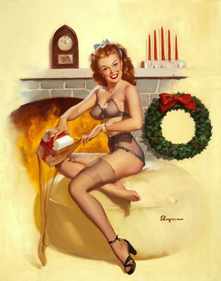 GIL ELVGREN Pin-Up Poster or Rolled Canvas Print ''Pin-Up in Front of Fireplace''