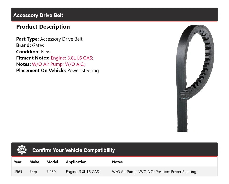 Correa de transmisión para Jeep J-230 1965 3,8 L L6 accesorio de gas para puertas de dirección asistida Foto 2 de 4