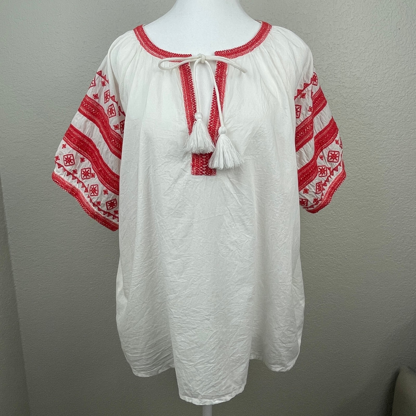 Ivy Jane Borderline Top XL White Red Embroidered Short Sleeve Boho Fiesta $99