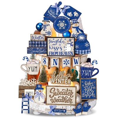 23 Pcs Winter Tiered Tray Decor Snowman Farmhouse Decor Blue Winter Table Dec...
