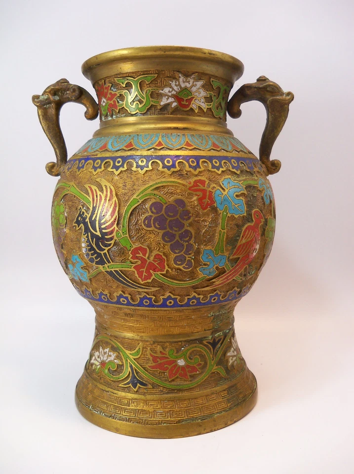 Vaso de esmalte vintage japonês de bronze cloisonne com alças de elefante - Imagem 2 de 4