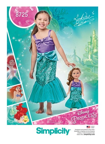 SIMPLICITY 8725 DISNEY CHILD'S & DOLLS ARIEL COSTUME Sewing Pattern Sizes 3 - 8