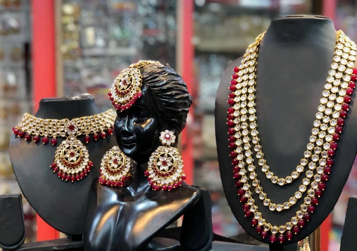 Gold Plated Kundan Bridal Jewelry Necklace Set Bollywood Indian Red Chandbali