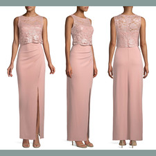 NWT $179 Marina [ 6 ]  Crochet Lace Popover Side Ruched Gown in Blush #F552