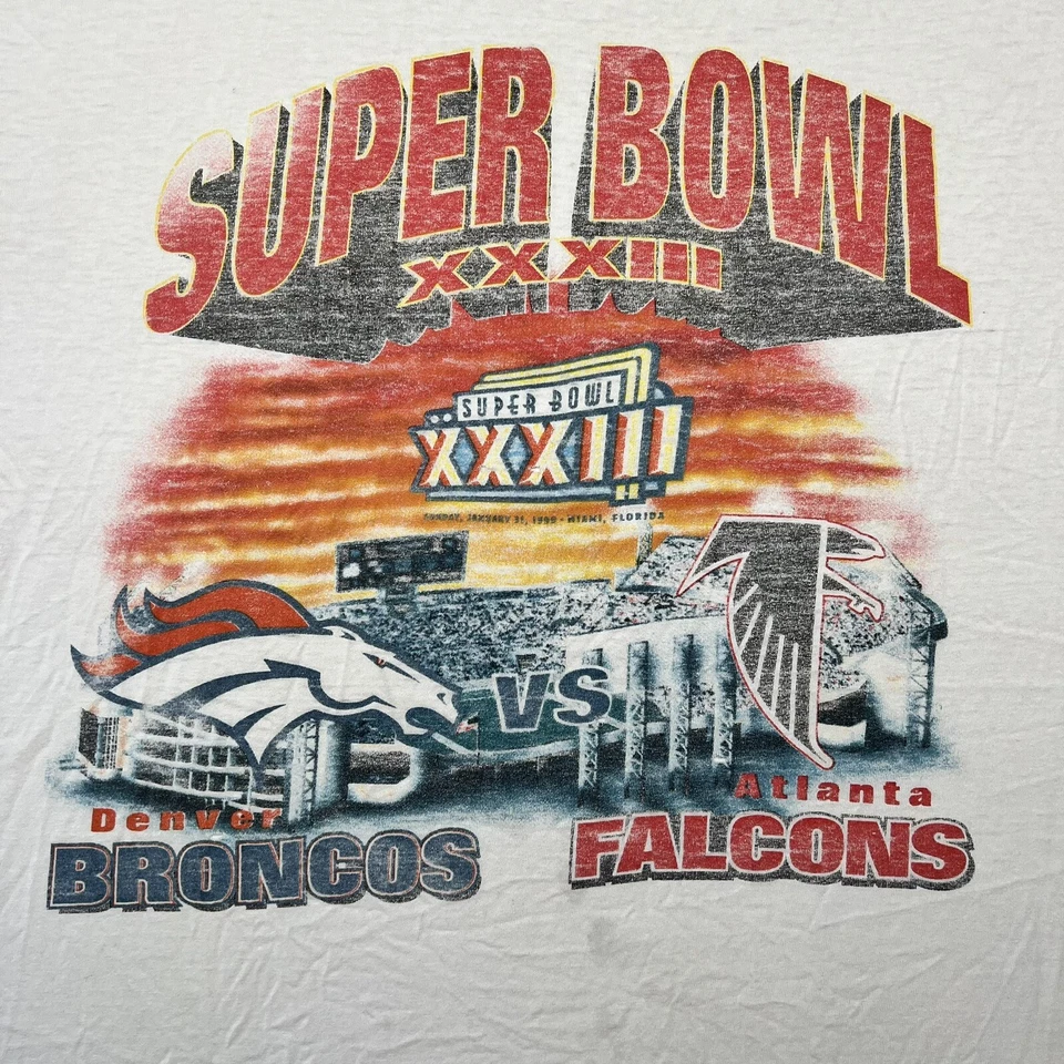 Camiseta De Colección 1999 Super Bowl 33 Denver Broncos Vs Atlanta Falcons XL Distress Foto 2 de 4