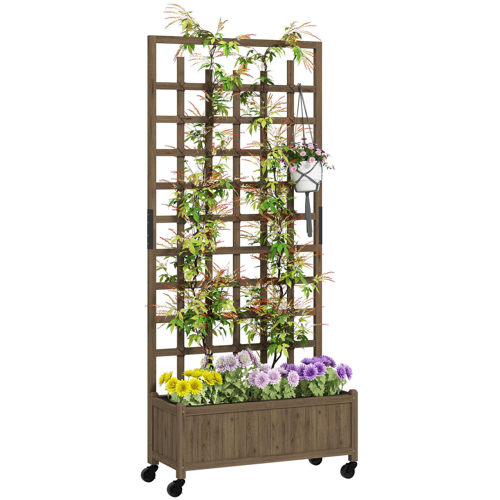Outsunny Wooden Trellis Planter, Raised Garden Bed With Wheels, Brown - Image 3
