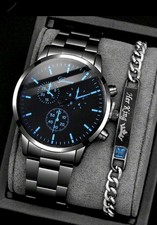 2er Set Herren Uhr & Armband | Schwarz | Quar...