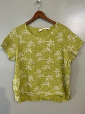 C&C California Womens 100% Linen Boxy Short Sleeve Palm Print Green Top 1X
