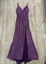 Purple Fairy Holographic Glitter Formal Prom Dress – V‑Neck, Slit, Double Lined