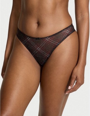 Victoria's Secret Shimmer Mesh THONG Panty Sz L BLACK PLAID 7E63 NWT$14.50