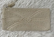 Vintage White Faux Pearl Beaded Clutch Evening Bag Full Zip Wallet Rectangle VTG