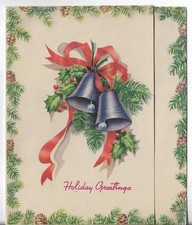 Vtg Christmas Greeting Card 4.75x5.75 Blue Purple Bells Red Bow Holly Berries