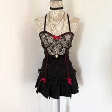 Vintage Black Lace Red Bow Bralette Camisole with Garter Straps Sz XS-S