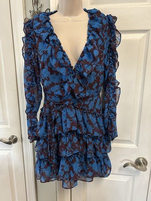 NWT Dee Elly Anthropologie Mini Dress Small V Neck Tiered Blue Romantic Ruffle