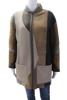 Zadig & Voltaire Women Suede Leather Geometric High Neck Zip Coat Long Sleeve Si