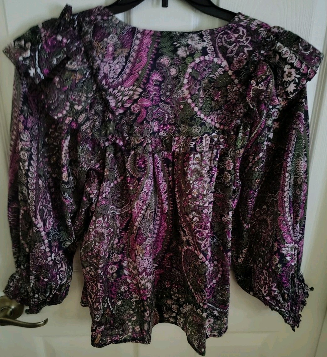 Cleobella Ainsley Blouse M Purple Caymen Paisley Bishop Sleeve Organic Cotton View 5