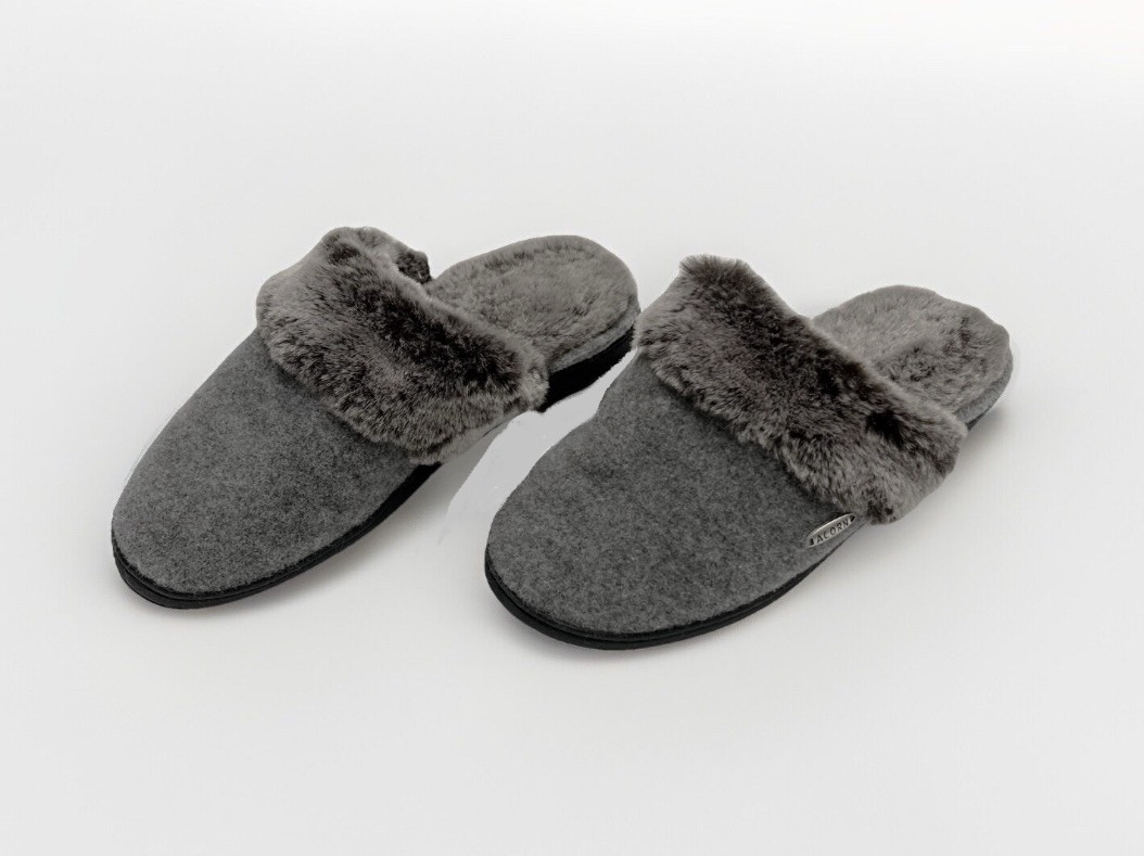 SAOLA ACORN Ciabatte Donna Pelliccia Ecopelliccia Mules Tg 8 9 Grigio Suola Rigida Salotto