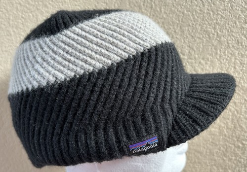 Patagonia Rabble Beanie 100% Wool Hat Brim Gray Stripe Winter Adult One Size