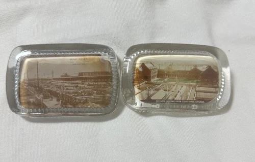 2 Vintage Paperweights Exchange Building Union Stock Yards & Busy Alley Chicago