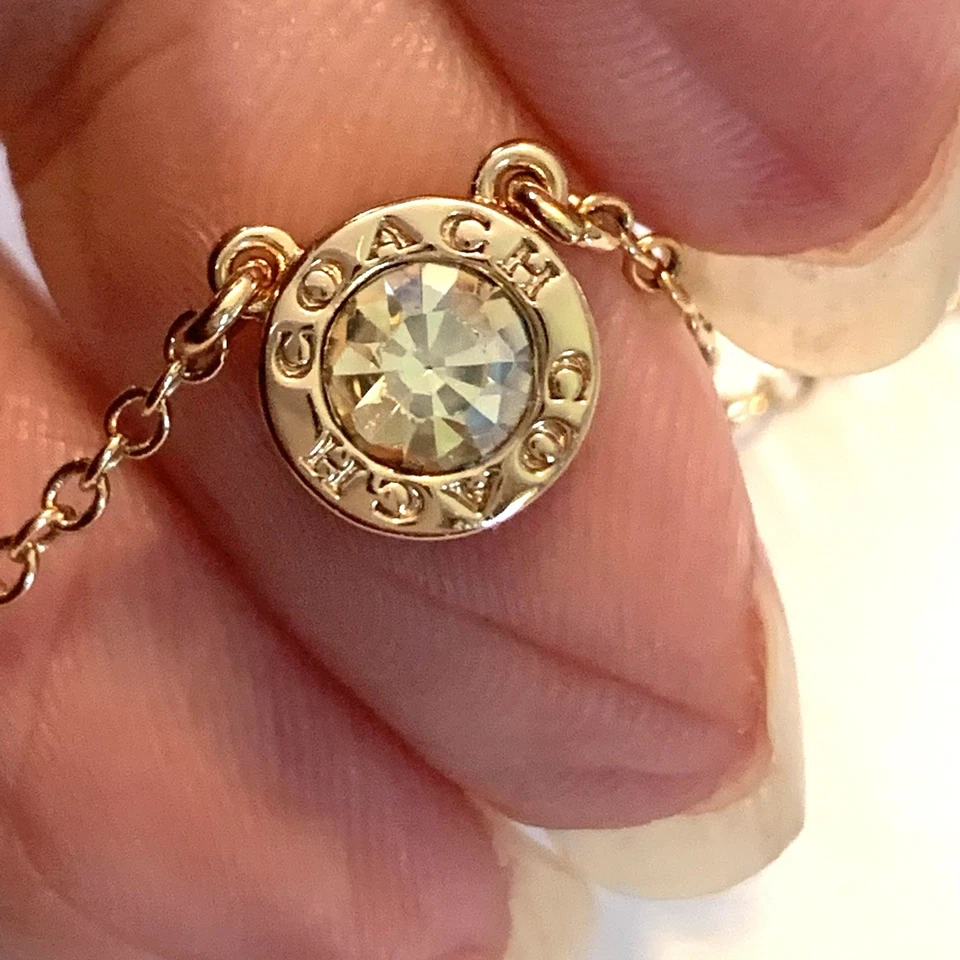 Coach Round Crystal Necklace Pendant Gold Tone 18” - Image 3 of 4