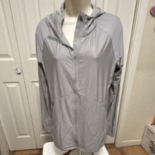 Women's Gray Hooded Full Zip Mid-Length Activewear Jacket Long Sleeve