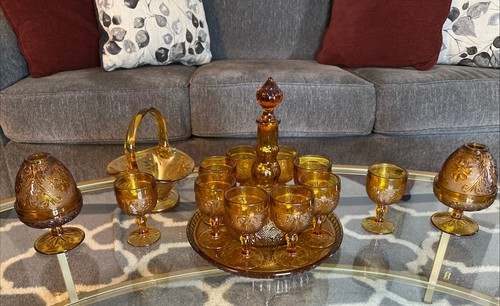 15 Piece Vintage Amber Indiana Glass Decanter Set Great Condition 1 Goblet Crack