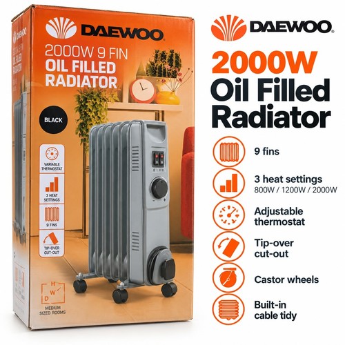 Daewoo 2000W Oil Filled Radiator 9 Fin Electric Heater Black 3 Heat Thermostat