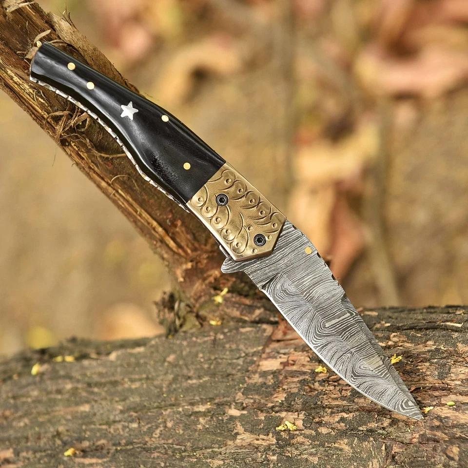 Handmade Damascus Steel Folding Dagger Blade Pocket Knife Hunting Outdoor EDC - Image 2 of 4