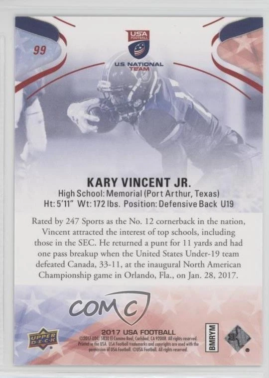2017 Upper Deck USA Football Blue Border Kary Vincent Jr #99 - Image 2 of 2