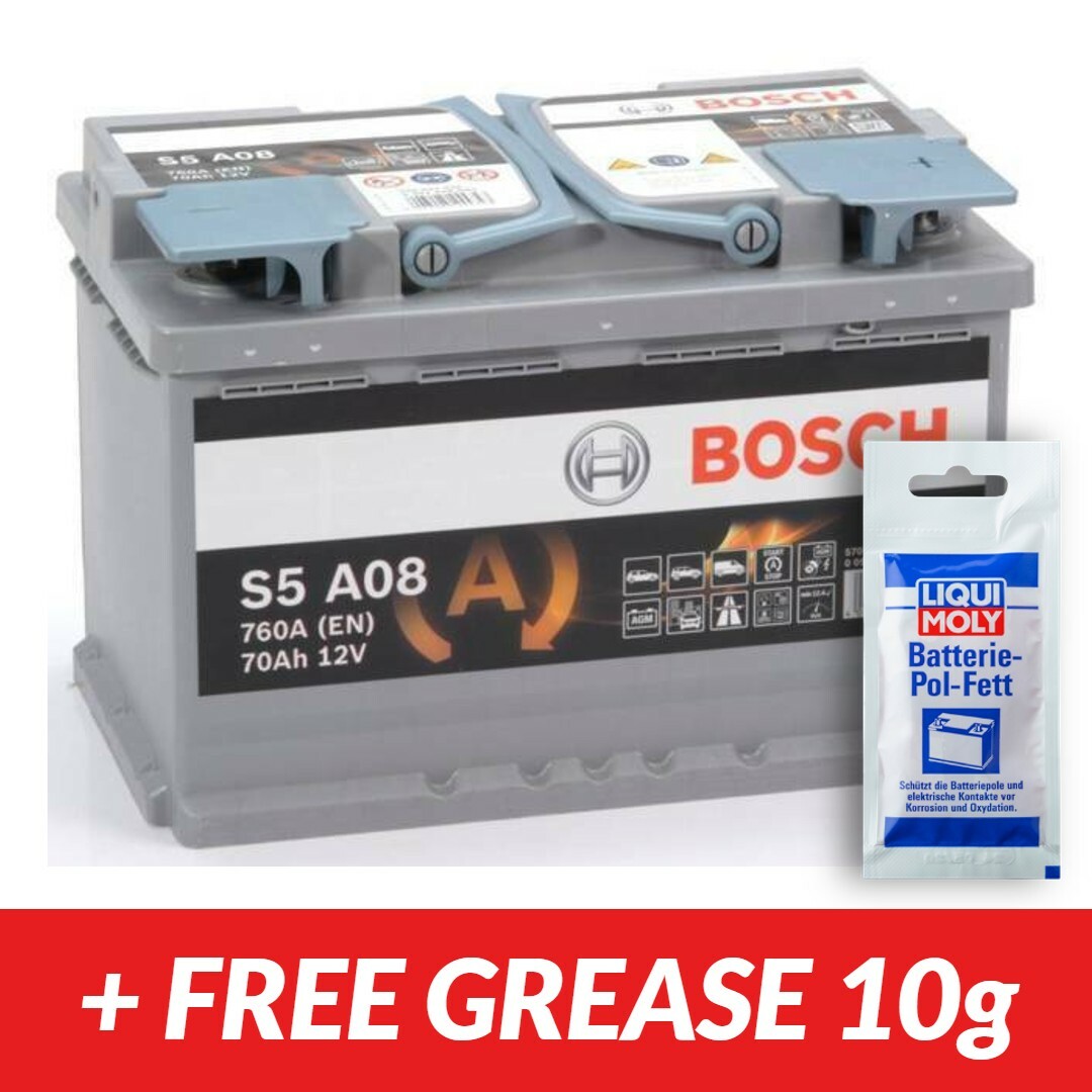096 Car Battery AGM Bosch S5A08 12V 70Ah 760A + Free Clamp Grease