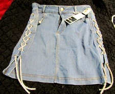 New With Tags LABIJOU JEAN SKIRT w/ Rhinestone Side Ties Size L