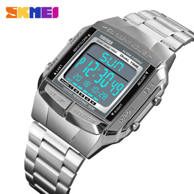 1381 Men Analog Digital Watch Klassisch Stahl Armbanduhr 5 Alarm, Silber