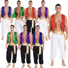 Mens Costume Open Front Set Arabian Waistcoat Patchwork Pants Clubwear Outfit