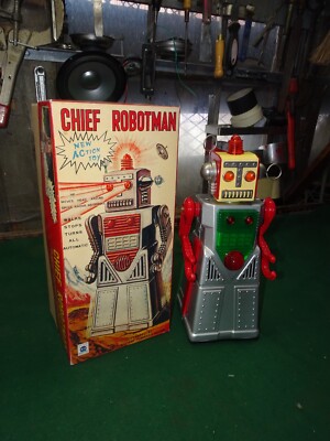 Chief Robotman Robot Battery Operated Tin Toy Blue Action Figure