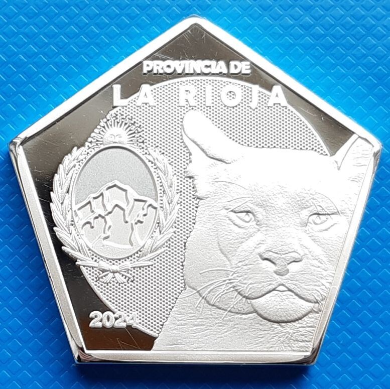 La Rioja 2 bocades 2024 UNC Puma Guanaco Pentagonal Silver Plated Proof