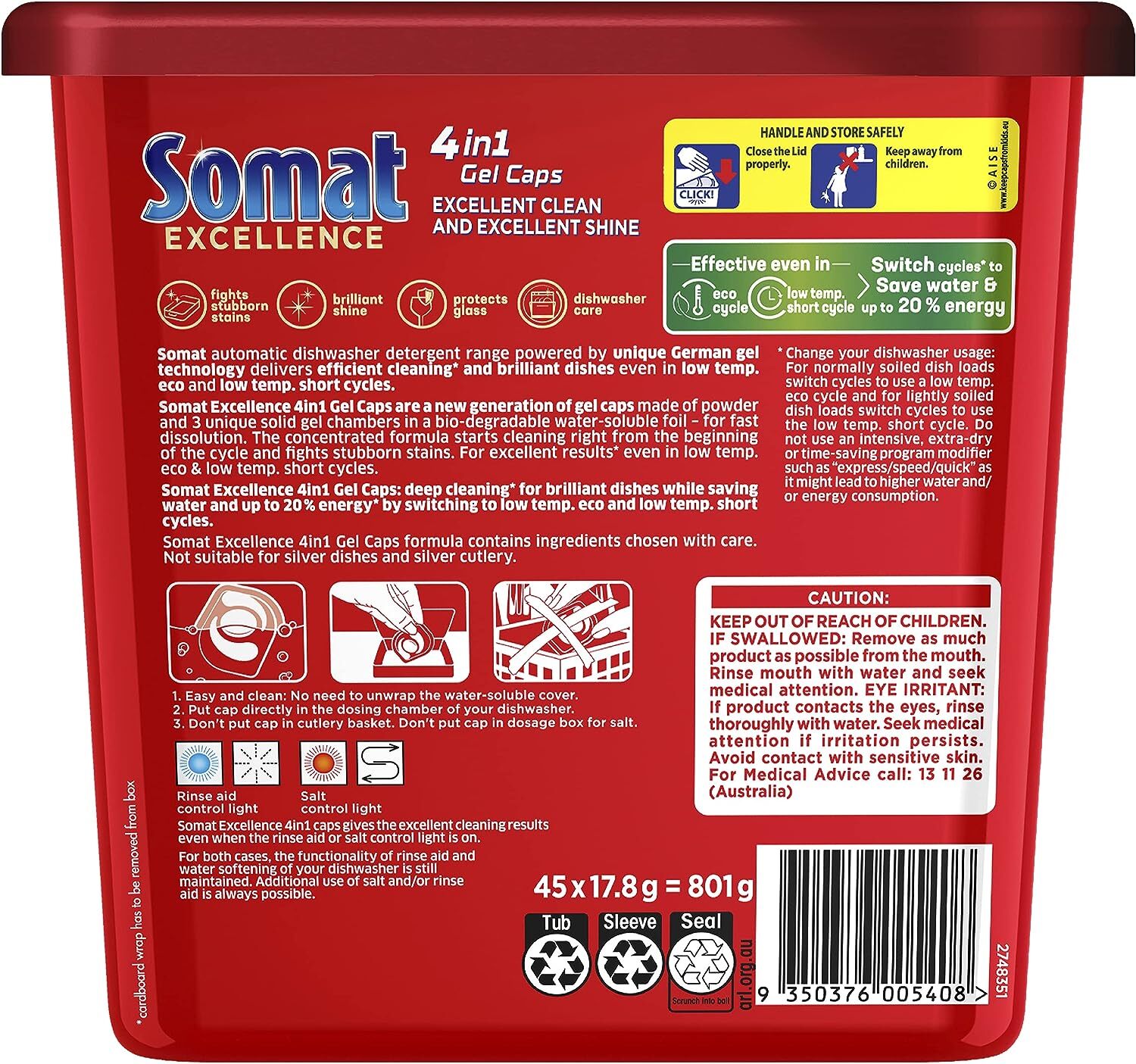 Somat Excellence 4in1 Dishwasher Capsules (45 Pack), Dishwashing