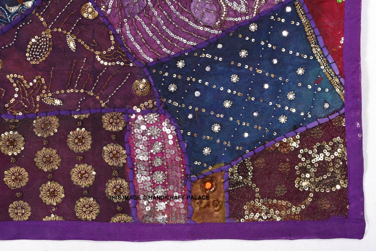 Grande Tapisserie Murale Indienne – Patchwork Brodé Main, Perles Et Miroirs – Jaune