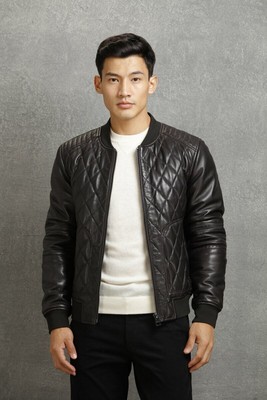 Men's Black Leather Jacket Real Lambskin Quilted Bomber Slim Fit Jacket-1125
