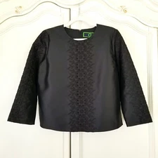 C Wonder Black Floral Embroidered Silk Blend 3/4 Sleeve Top Size 8 NWT Org $138
