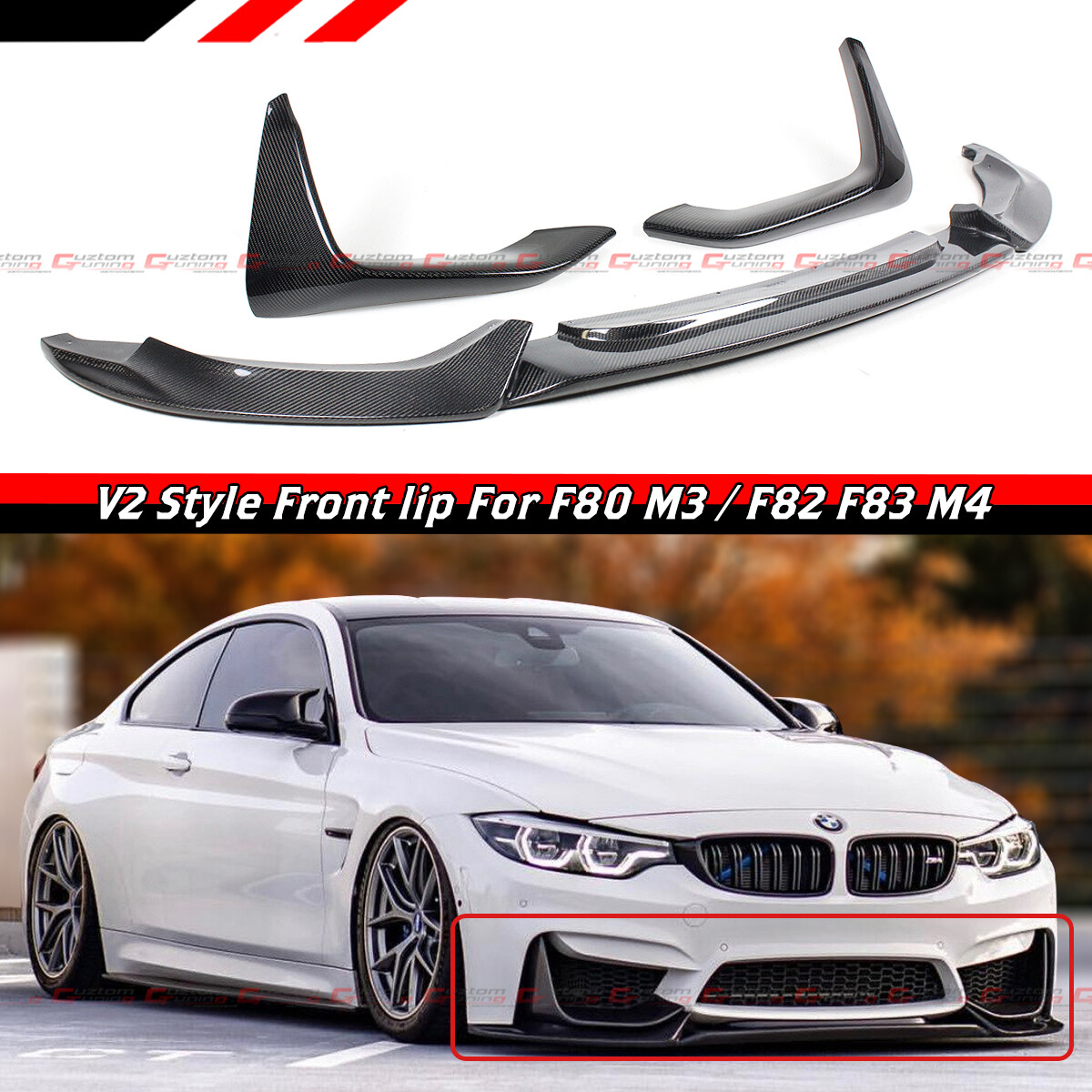 FOR 15-20 BMW F80 M3 F82 F83 M4 V2 CARBON FIBER FRONT BUMPER LIP +