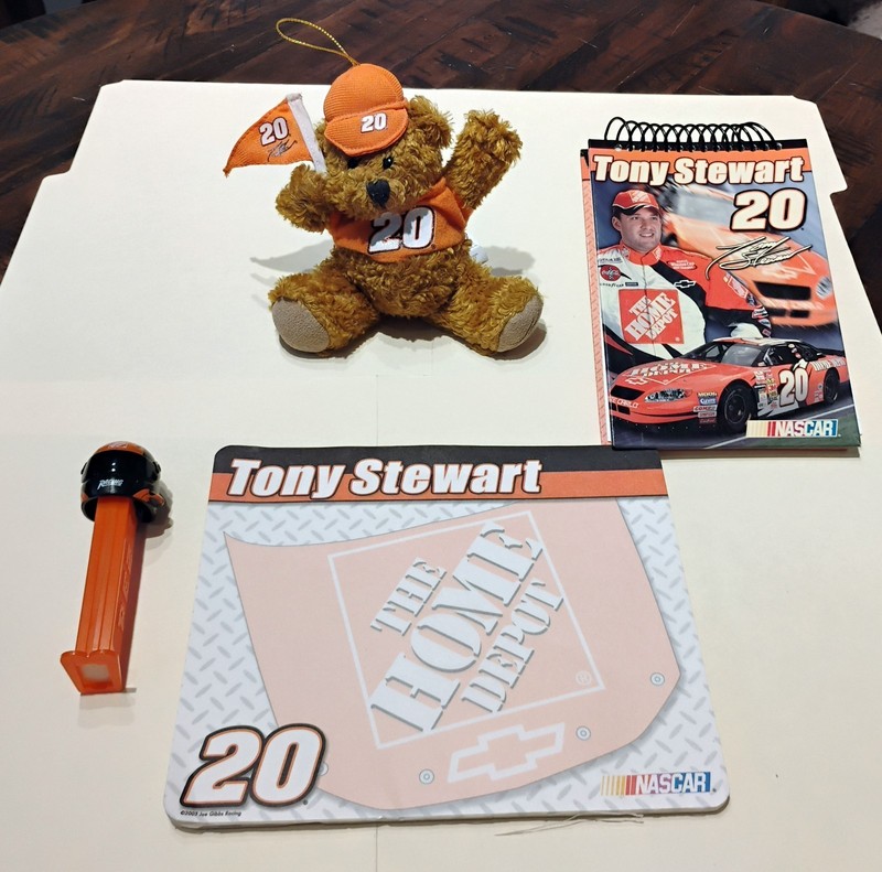 TONY STEWART #20 HOME DEPOT STUFFED ORNAMENT  BEAR PEZ NOTE PAD NASCAR RACE LOT