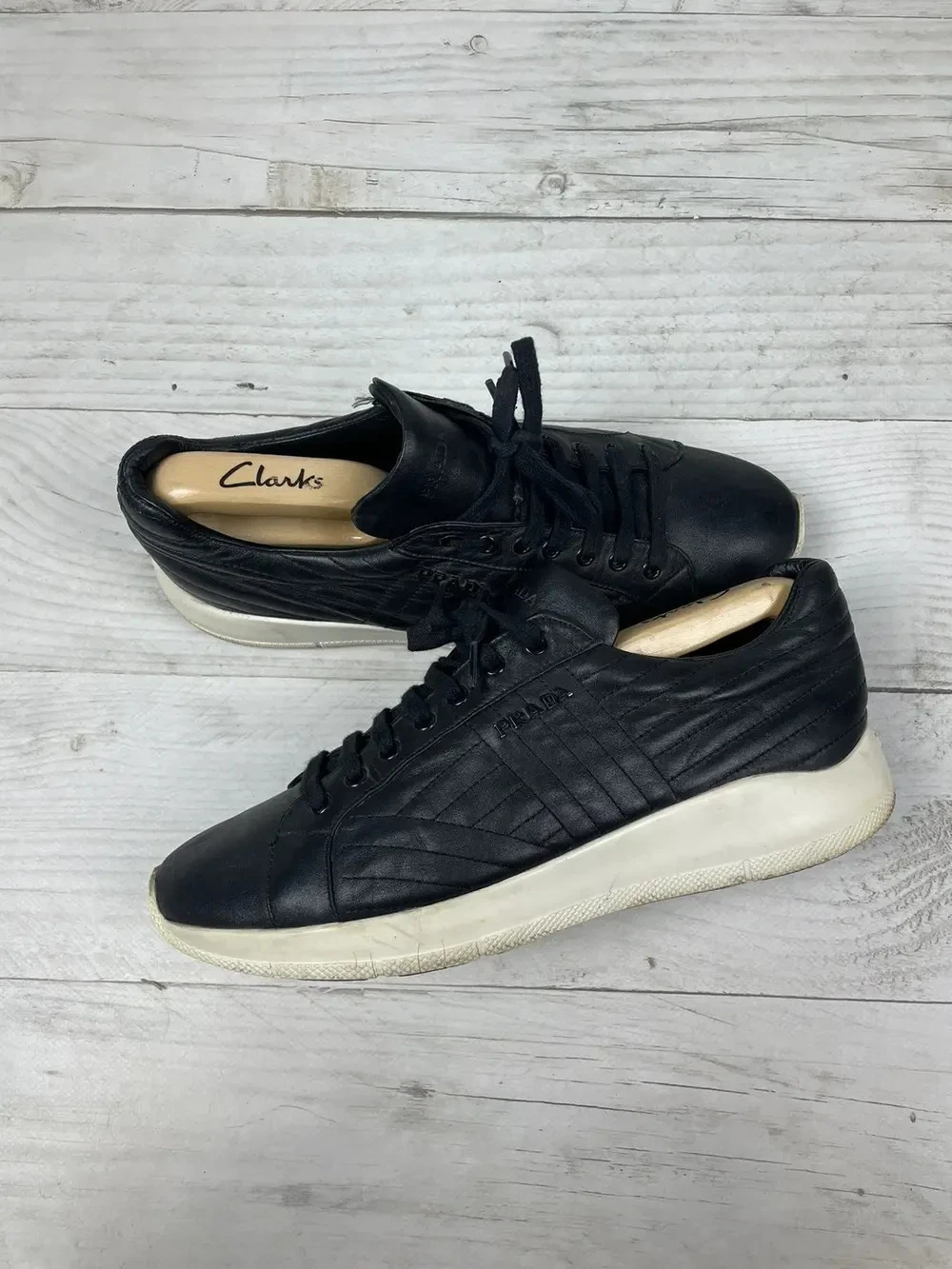 Prada Leather Sneakers Shoes Logo Luxury Men's US 10 Black