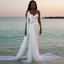 One Shoulder Mermaid Wedding Dress Floor Length Sleeveless Pleat Bride Gown