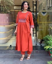 Rust Orange Embroidered A-Line Kurta Set with Straight Pants