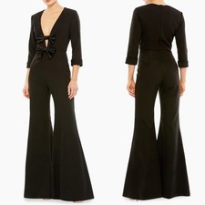 Mac Duggal Black Satin Wide-Leg Bow Detail Jumpsuit Plunging V-Neck Size 12 NEW