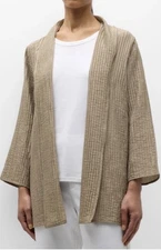 $298 Eileen Fisher Wheat Crinkle Matte Shimmer High Collar Open Front Jacket XXS