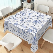 70x70inches Blue Floral Square Tablecloth Blue and White Flowers Birds Plants Cl