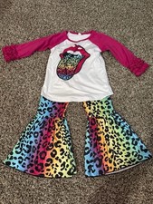 Girls Multicolor Leopard Print Ruffle Pants Set with Pink Long Sleeve Top