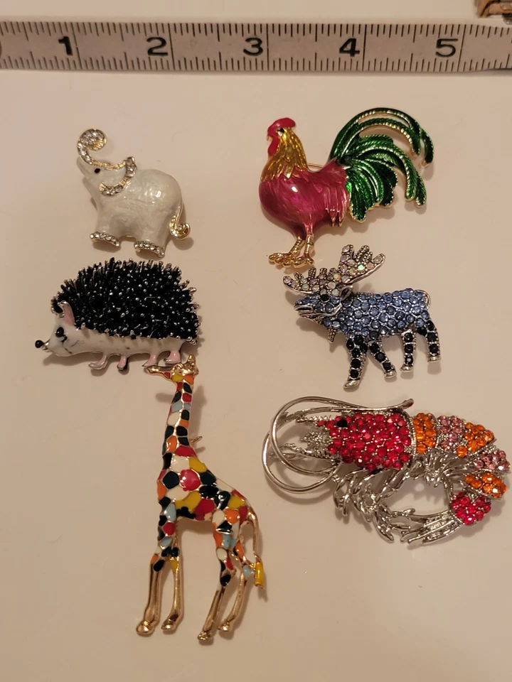Lote de 6 broches de jirafa erizo elefante gallo langosta alce animal CA US E454 Foto 4 de 4