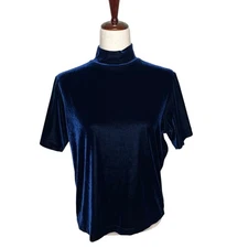 Vtg NY&CO Womens XL Blue Velvet Mock Neck Short Sleeve Top Blouse Whimsigoth 90s